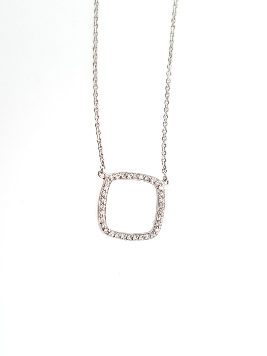 # Collier chaîne 44cm or blanc 18K avec pendentif carré serti 0.17ct diamants naturels -0