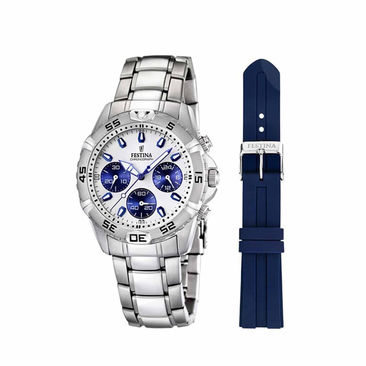 Montre Homme Festina bracelet acier et avec deuxième bracelet en caoutchouc bleu fonce
