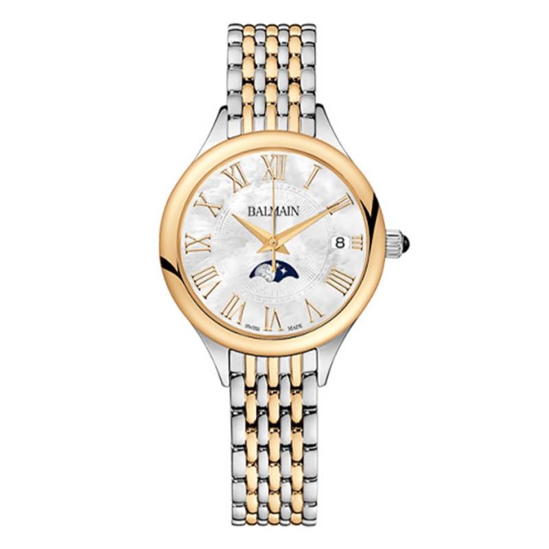 Vendu Montre dame Balmain Moon Phase avec cadra nacre blanc, boîtie et bracelet bicolore, acier et revêtement PVD jaune, 31mm, phase de lune