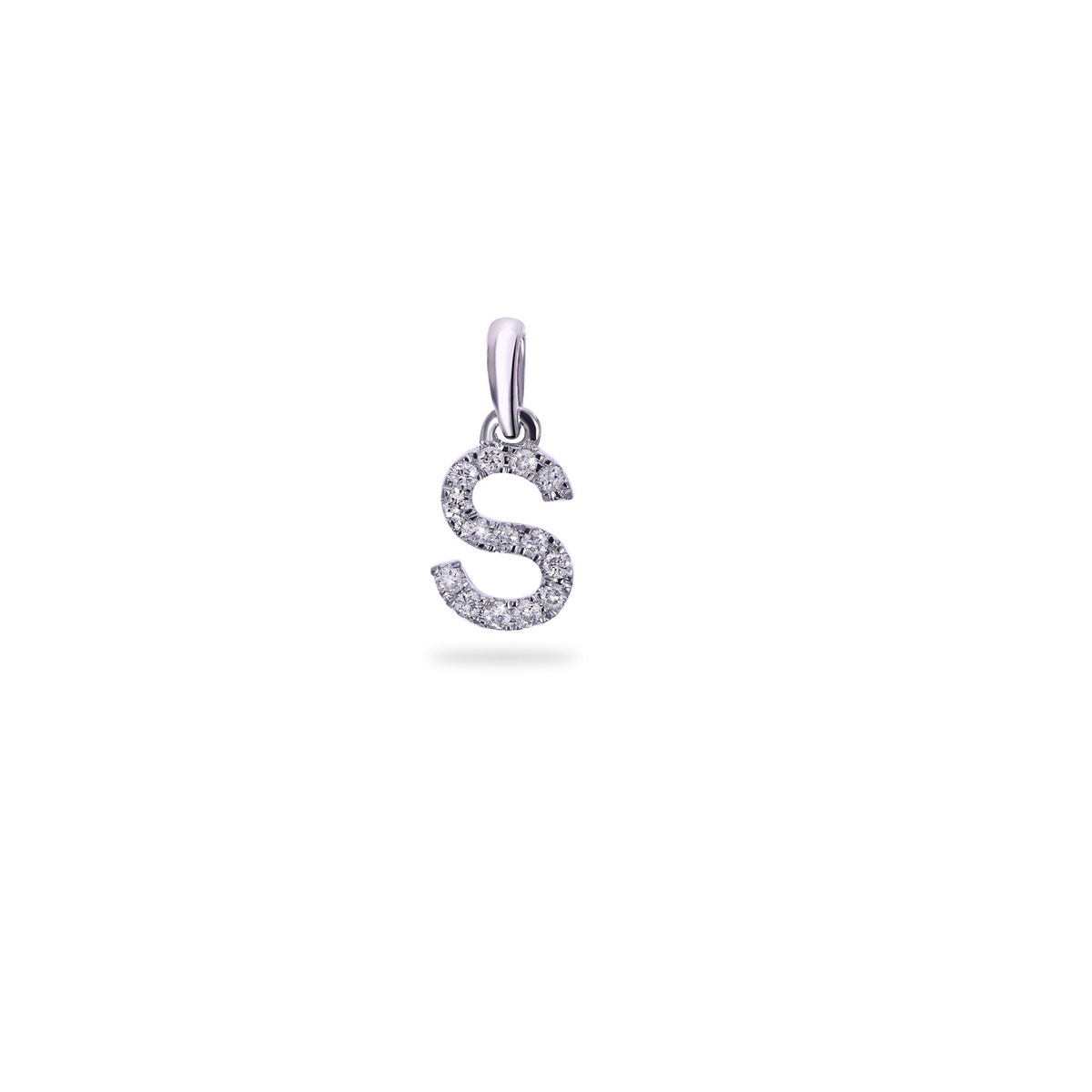 Pendentif lettre " S " or blanc 18K avec 0.07ct diamants naturels, taille totale 1cm, * possible dans toutes les lettres or jaune ou blanc *