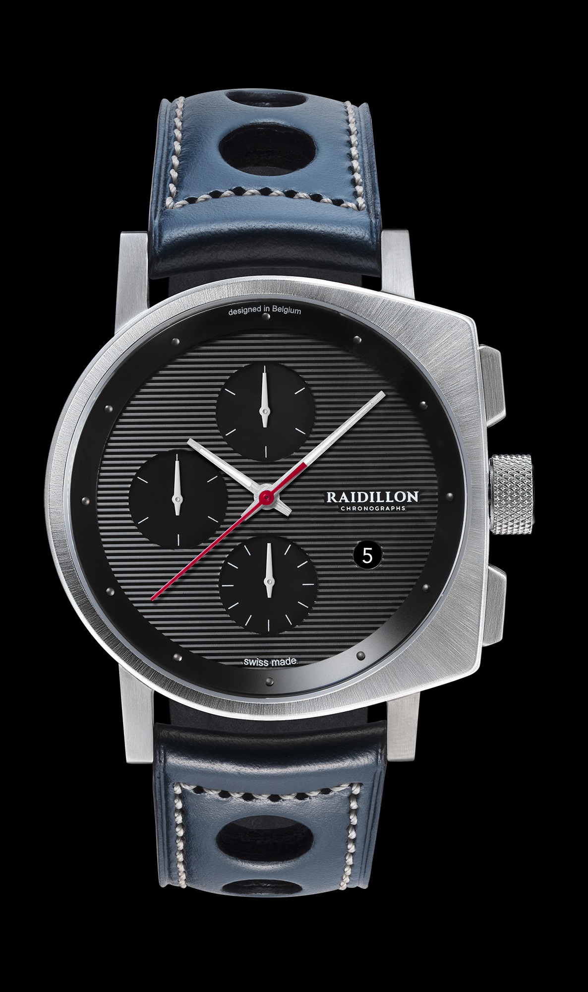 # Montre homme Raidillon automatique chronographe, série limitée à 17/55 exemplaires, cadran noir, cuir bleu foncé, bleu nuit