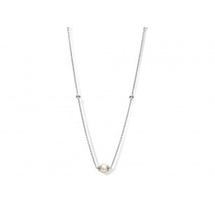 Collier chaîne 45cm or blanc 18K avec 0.054ct diamants naturels et  perle de culture d'eau douce