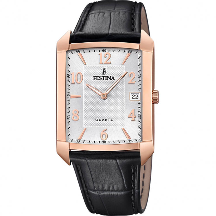Montre homme Festina CLASSIQUE, dateur, boîtier acier doré rose, bracelet cuir noir et cadran blanc