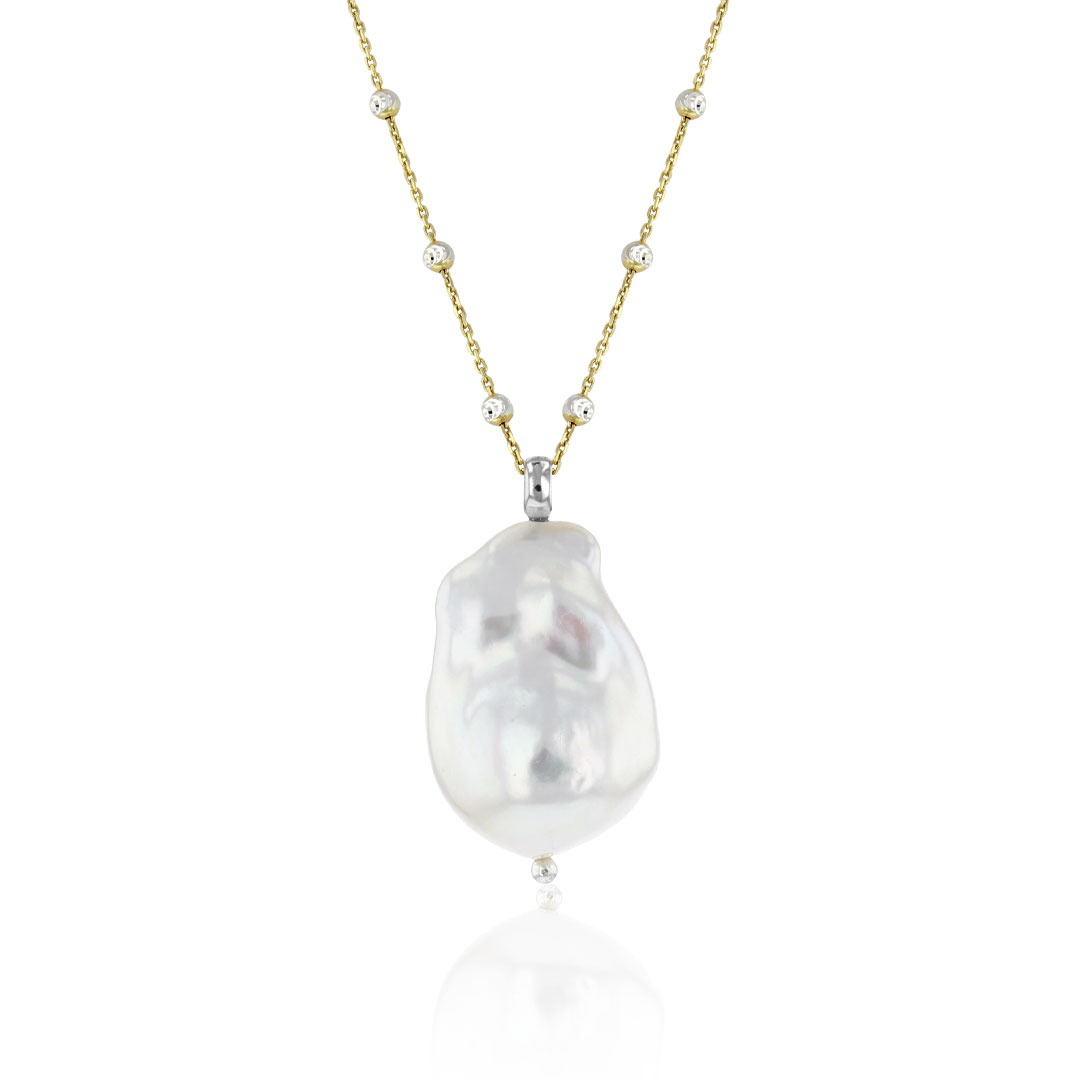 Collier chaîne 100cm argent plaqué or avec perle baroque de culture d'eau douce 13/15mm
