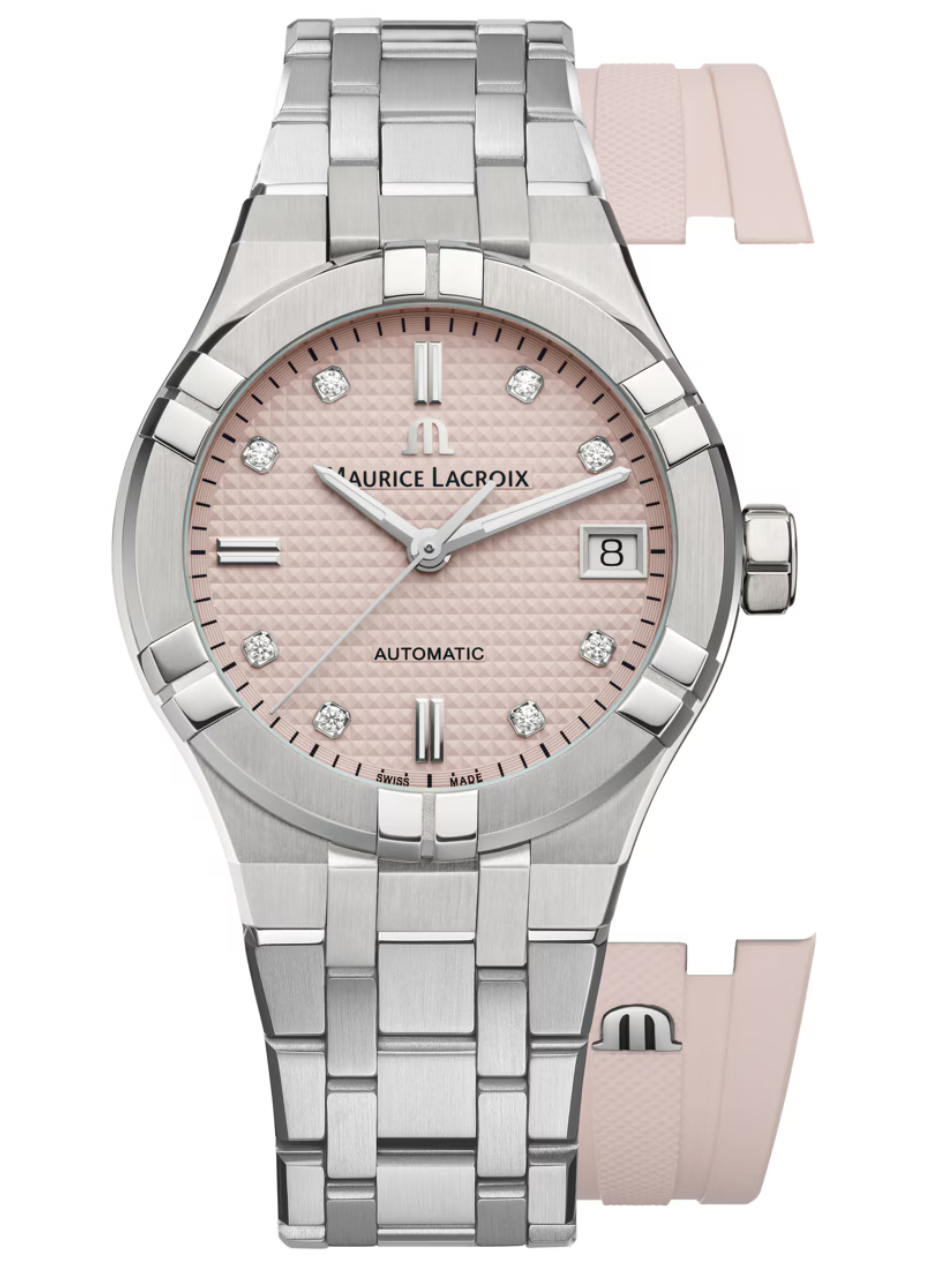 VENDU# Édition limitée - seulement 888 exemplaires. Montre Maurice Lacroix Aikon dame , automatique, cadran rose avec diamants,  35mm, un seul bracelet acier , fond transparent 200m étanche