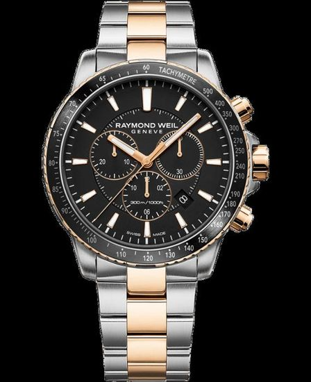 Montre Raymond Weil Tango, 300m étanche acier rosé, 43mm, cadran noir, chrono quartz