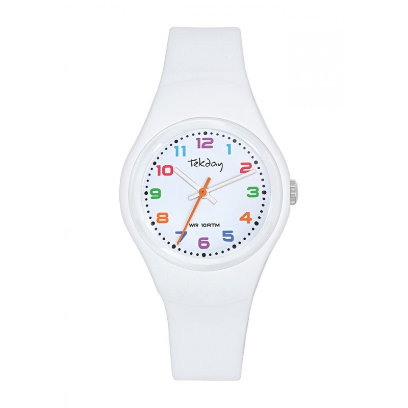 VENDU# Montre Tekday  junior, boîtier rond résine blanc de 30mm, cadran blanc, bracelet silicone blanc.