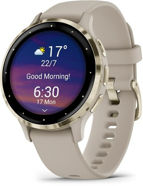 Garmin Venu® 3S Lunette en acier inoxydable Soft Gold avec boîtier et bracelet en silicone lin, batterie 10 jours, possible de répondre aux appels