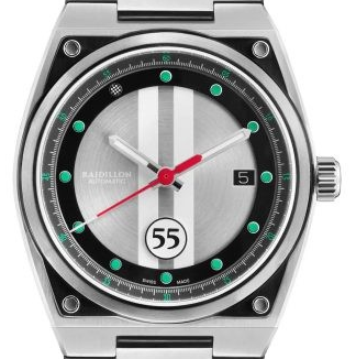 # Montre Raidillon automatique inspiré Porsche et Jaguar E-type, avec réserve de marche d'environ 41 heures. Limité à 55 exemplaires, notre version est sur cuir brun