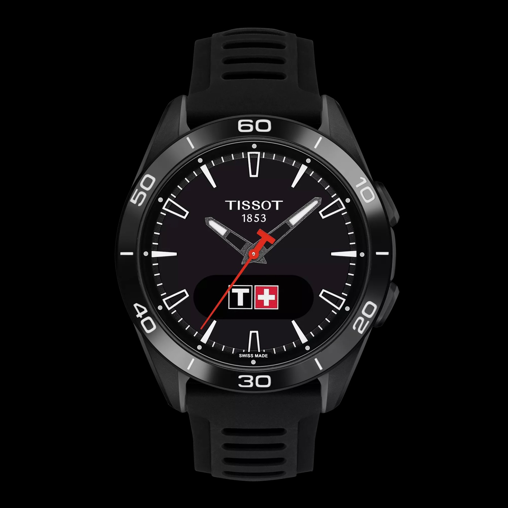 TISSOT T-TOUCH CONNECT SPORT, solaire connected, boîte en titane de 43 mm, capteur heart beat, 5ATM, fonctions sport, bracelet Silicone