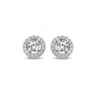 # Boucles d'oreilles entourage ( halo ) or blanc 18K avec zircon
