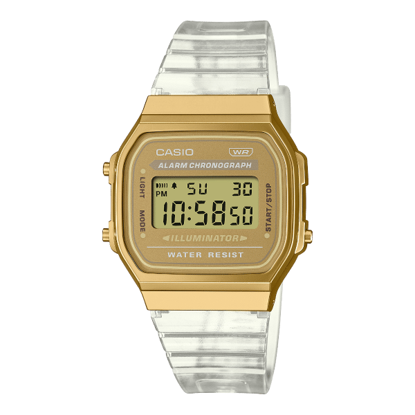 # Montre Casio iconique, boîtier en métal et bracelet transparent