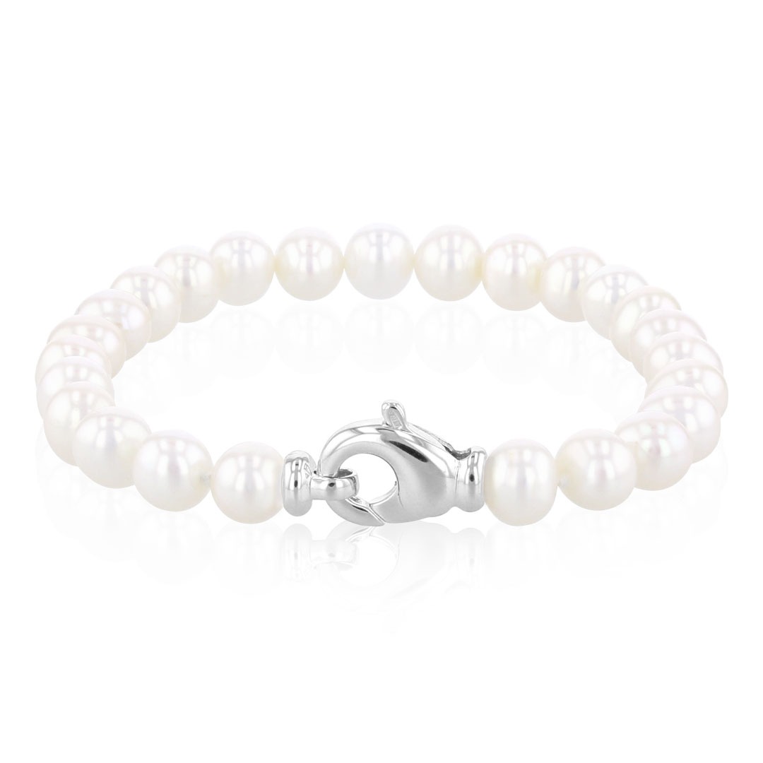 Vendu Bracelet de perles d'eau douce semi ronds 8-8.5mm fermoir mousqueton argent , enfillage noeuds sur soie
