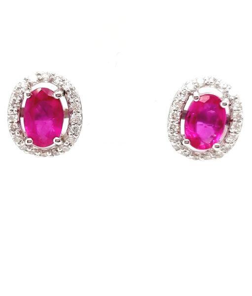Boucles d'oreilles entourage or blanc 18K avec 1.18ct rubis et 0.22ct diamants naturels