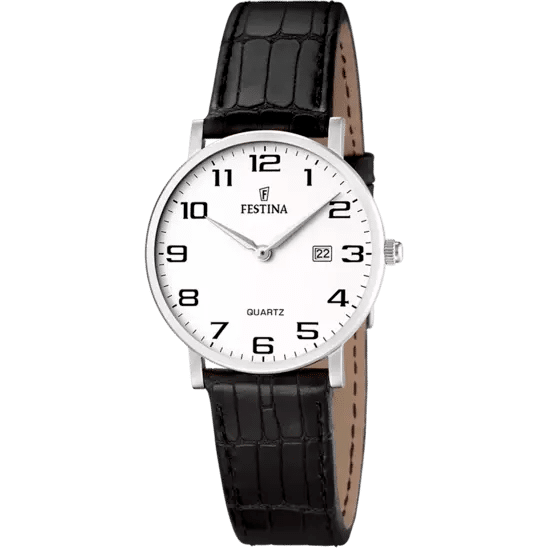 Montre dame Festina classique avec un boîtier acier de 30.5 mm et verre minéral, équipé d'un bracelet de cuir noir.