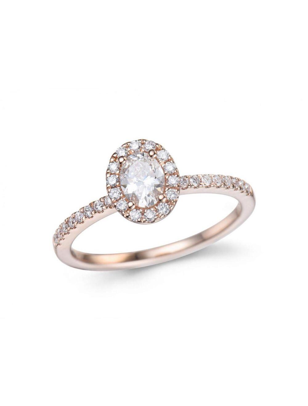 # Bague entourage ( Halo ) or rose 18K avec diamants naturels 0.24ct taille brillant et 0.41ct taille ovale
