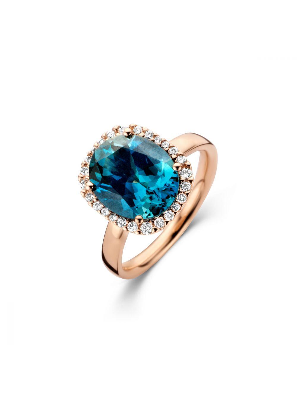 RESERVEE # Bague entourage  ( HALO ) or rose 18K avec 5ct Topaze London blue et 0.25ct diamants naturels