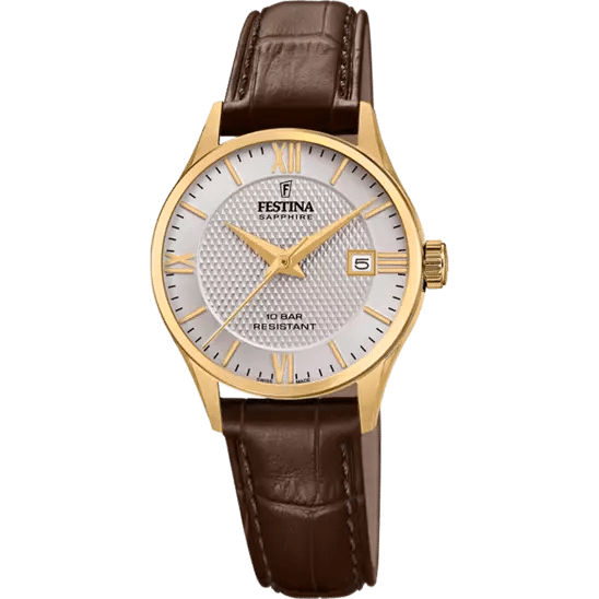 Montre dame FESTINA SWISS MADE avec un boîtier acier et verre saphir, équipé d’un bracelet de cuir brun