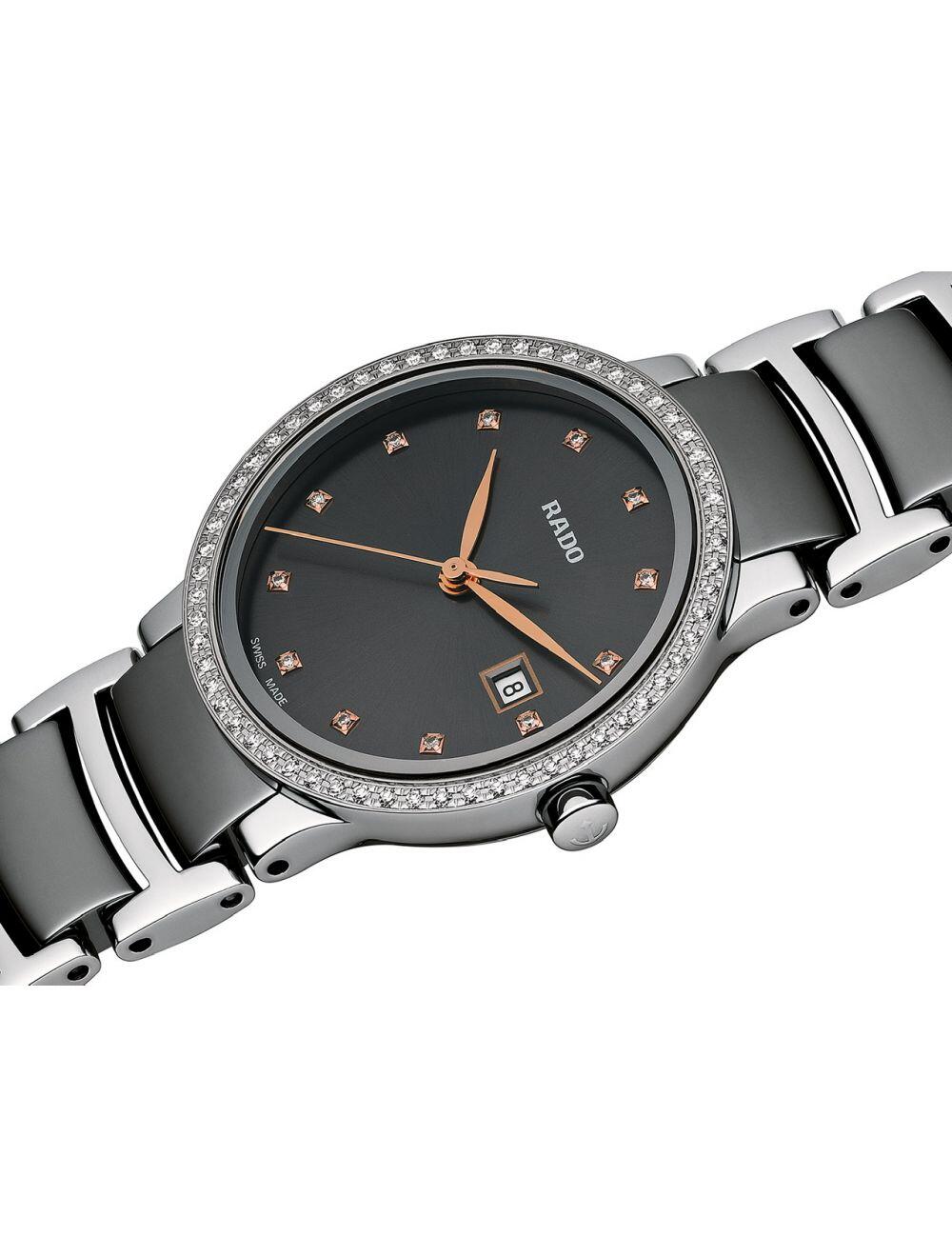 # Montre dame Rado avec diamants, 28mm, boîtier et lunette en acier inoxydable, bracelet en acier inoxydable et céramique, verre saphir, quartz, 5 ans de garantie