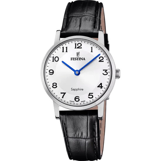 Vendu Montre dame Festina Swiss Made, quartz, cadran blanc et bracelet cuir noir