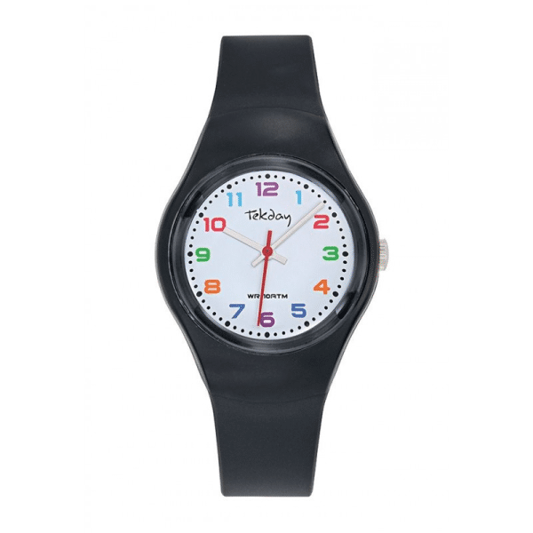 Montre Tekday  junior, boîtier rond résine noire de 30mm, cadran blanc, bracelet silicone noir.