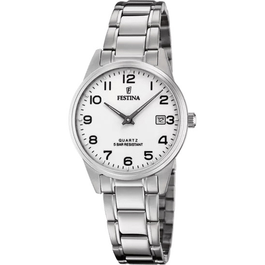 Vendu#Montre dame Festina avec un boîtier acier et verre minéral, équipé un bracelet de acier.
