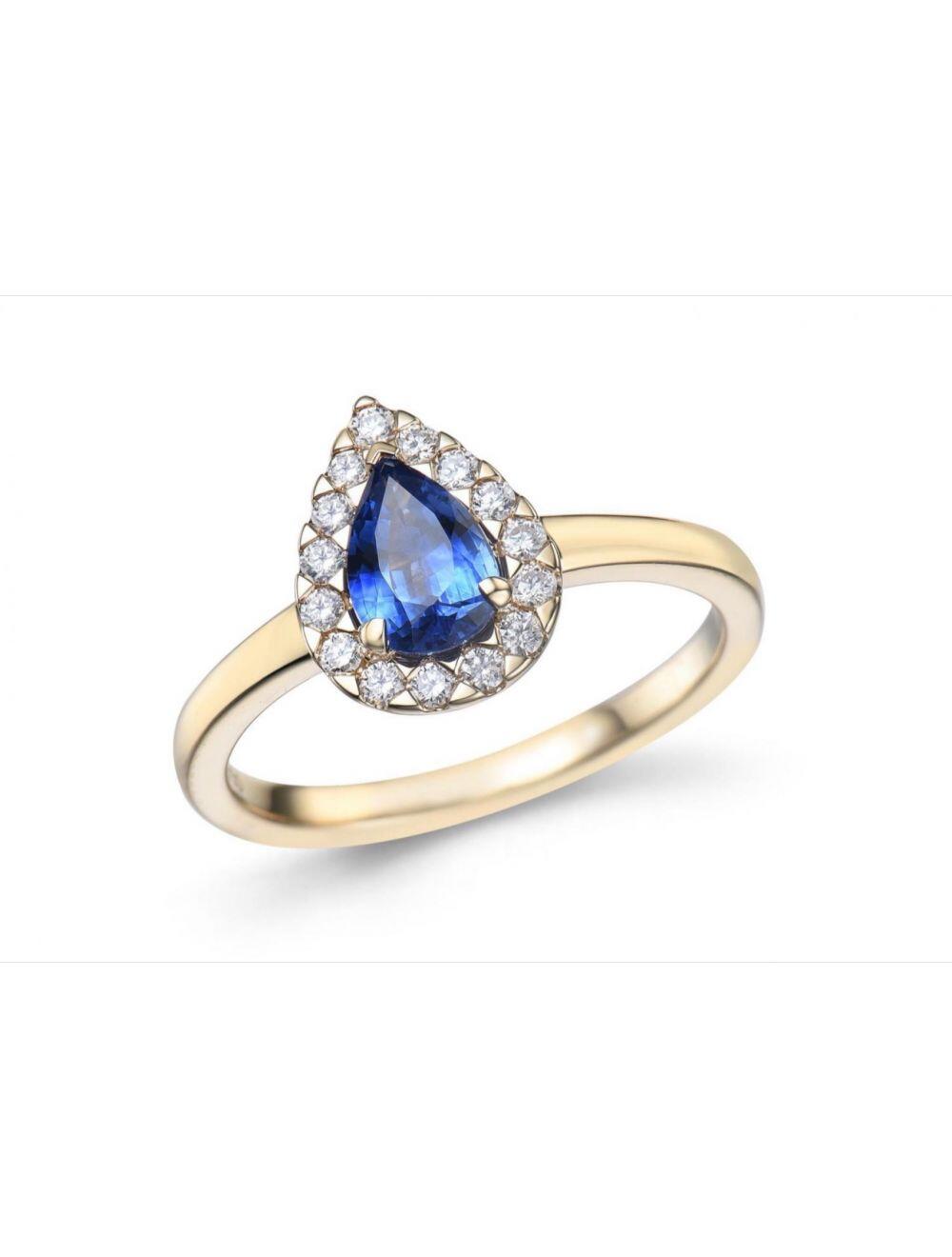 # Bague entourage ( Halo ) or jaune 18K avec 1.08ct saphir bleu et 0.20ct diamants naturels