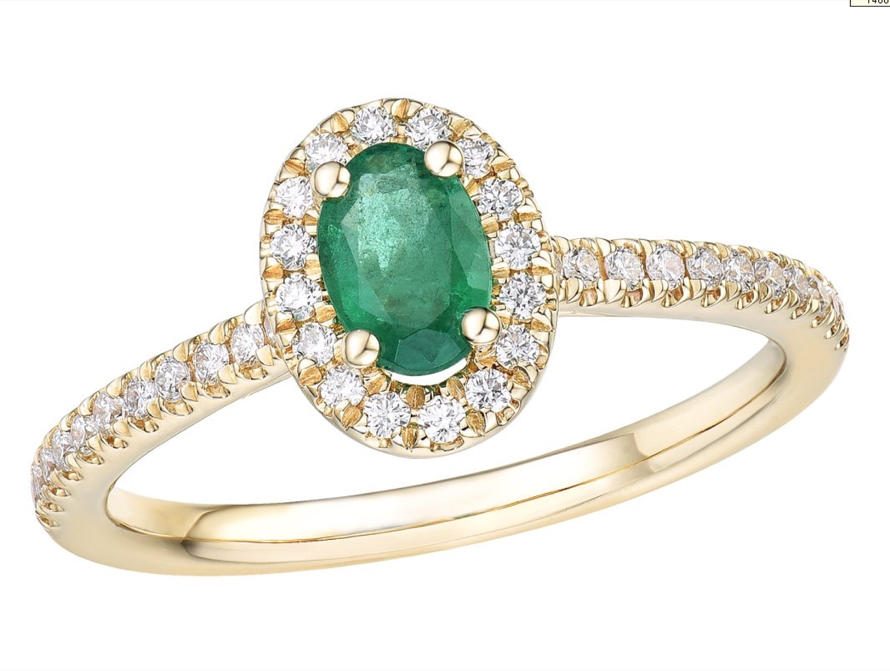 Bague entourage ( Halo ) or jaune 18K avec 0.45ct émeraude et 0.25ct diamants naturels