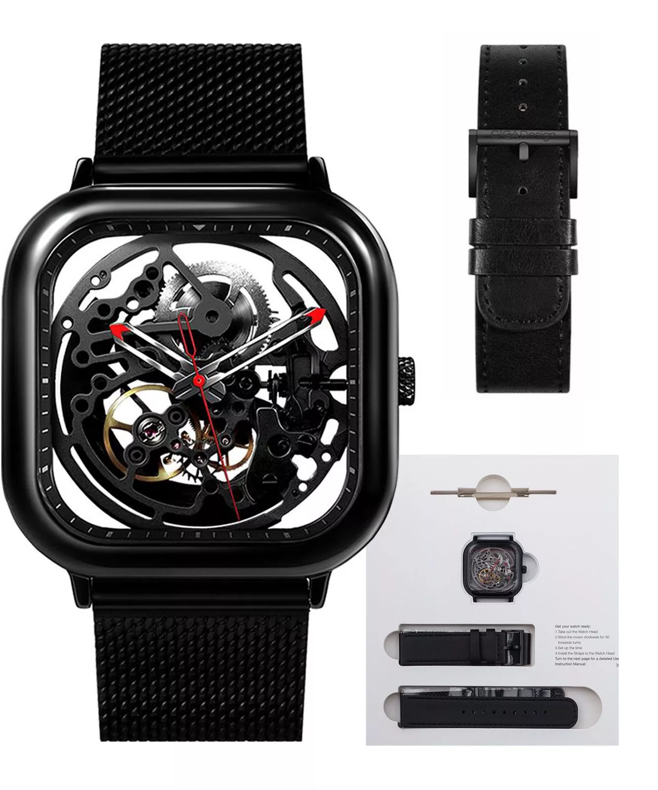 Montre Ciga Design C series Full Hollow Black automatique avec réserve de marche 41h, boîtier acier 41mmX41mm, 1 bracelet acier et 1 bracelet cuir