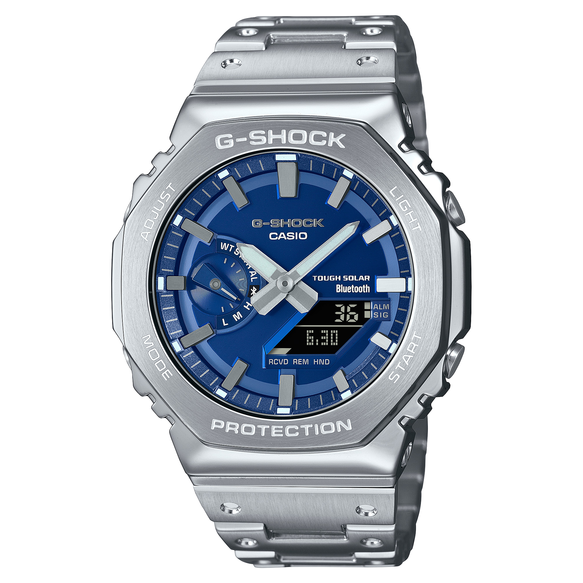 Montre CASIO classique avec une touche de couleur : une G-SHOCK entièrement métallique avec un cadran bleu vif.