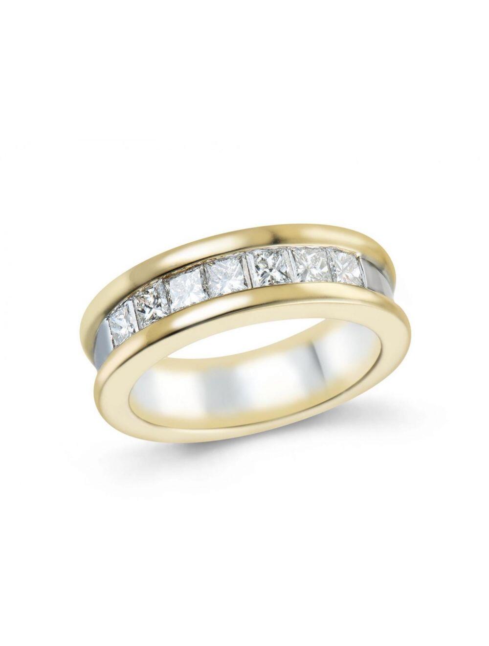 Bague alliance or jaune 18K et or blanc 18K avec 1.09ct diamants naturels taille princesse, princess cut