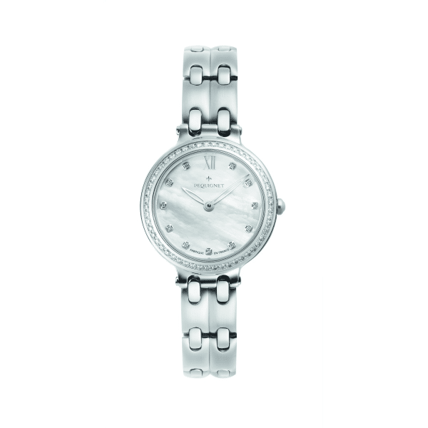 # Montre dame Pequignet Mooréa,  Boitier en Acier et Cadran Nacre blanche avec 0.5265ct diamants naturels