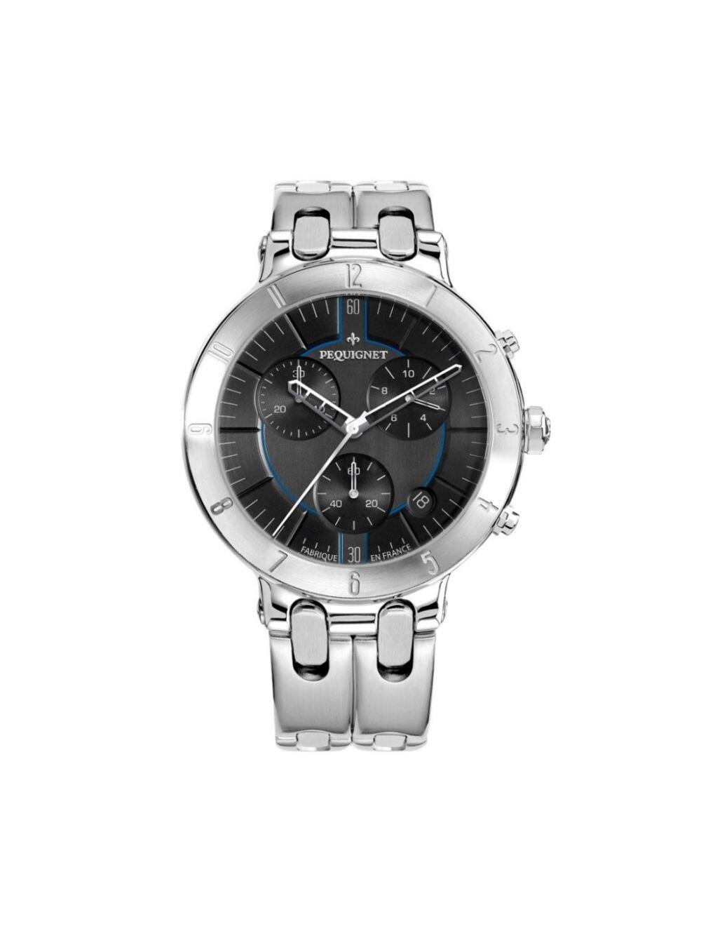 # Montre homme Pequignet Moorea Chronographe quartz cadran noir liseré bleu 42mm