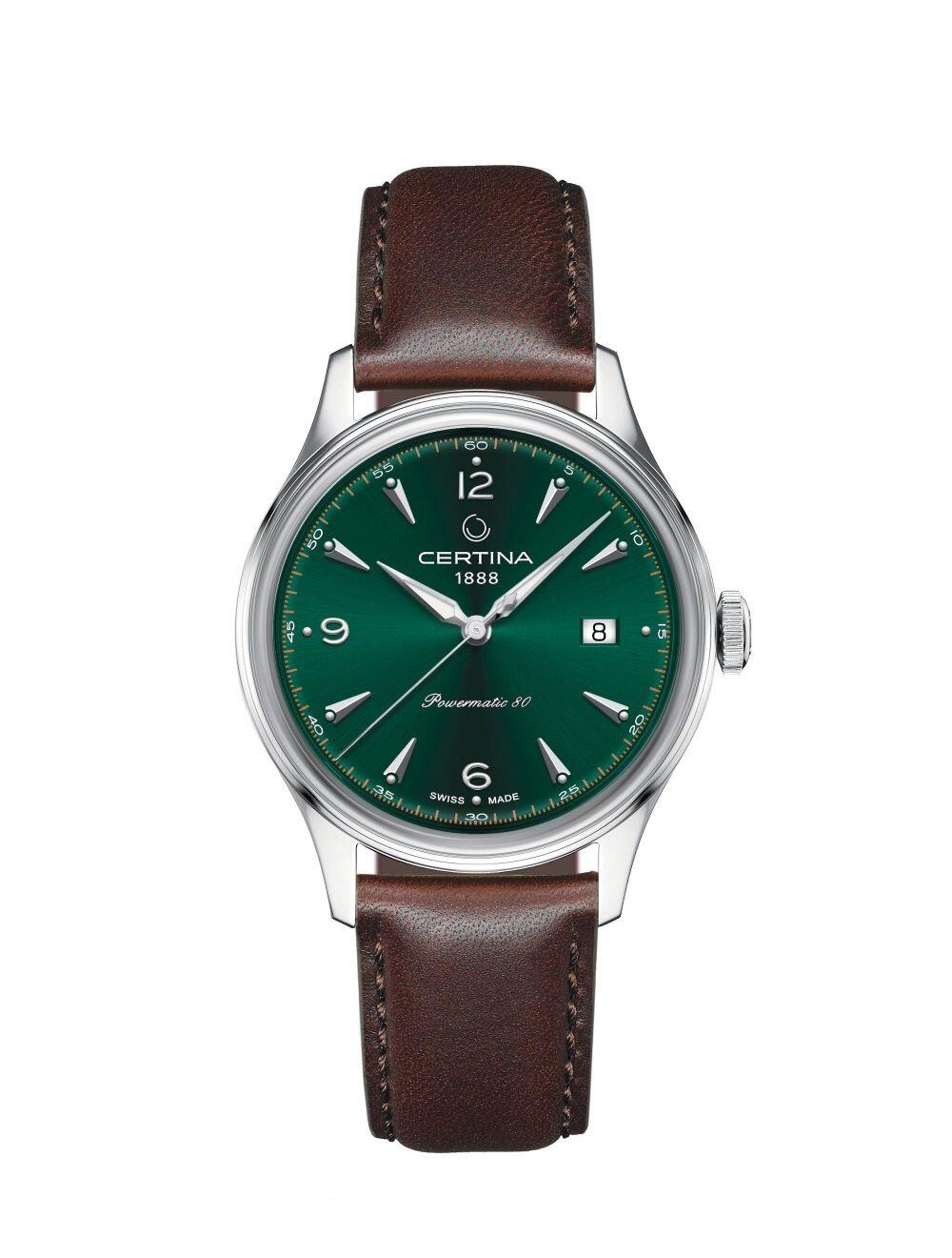 Montre Certina Ds Powermatic 80 heures de réserve de marche , 41mm acier , cadran vert, sur cuir boucle déployante, 10.9mm épaisseur