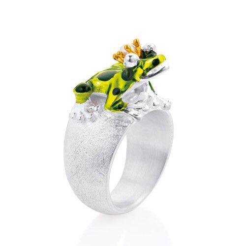 Bague argent Drachenfels, grenouille avec couronne et perle naturelle, mes 56  Giftpfeilfroschkönig, großer Ring aus Silber mit grünem Brandlack, mesure 55.
