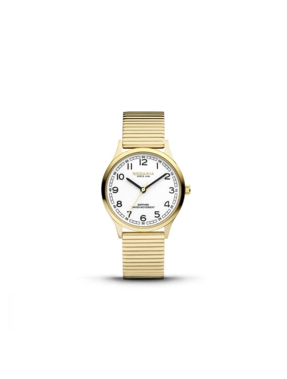 Montre Rodania NYON, boîtier couleur doré avec lunette en doré, cadran blanc, bracelet fixo-flex en doré, 32 mm