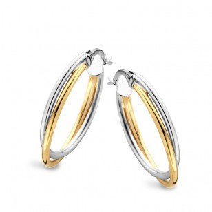 Boucles d'oreilles créoles oval 3.5cm or jaune 18K et or blanc 18K