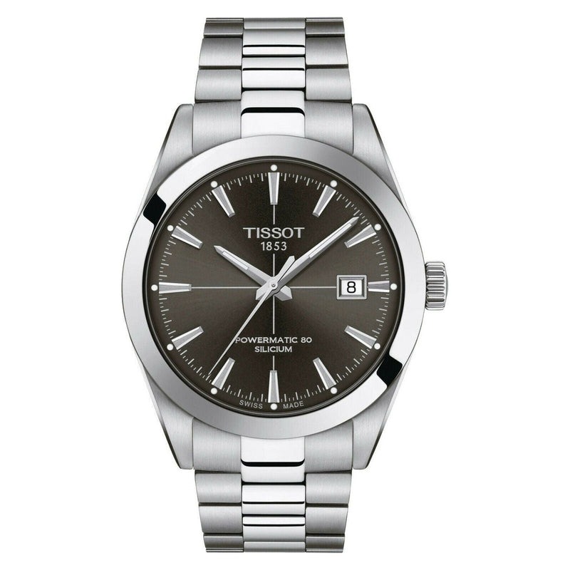 Montre homme Tissot Gentleman acier mat & 40mm polie & mat, cadran cross hair  gris ardoise antracite, automatique avec spiral en silicium antimagnétique, powermatic 80 heures de réserve de marche