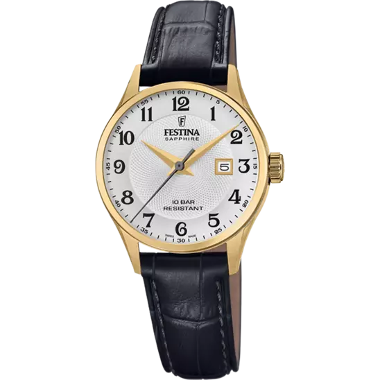 Montre dame FESTINA SWISS MADE avec un boîtier acier et verre saphir, équipé d’un bracelet de cuir.