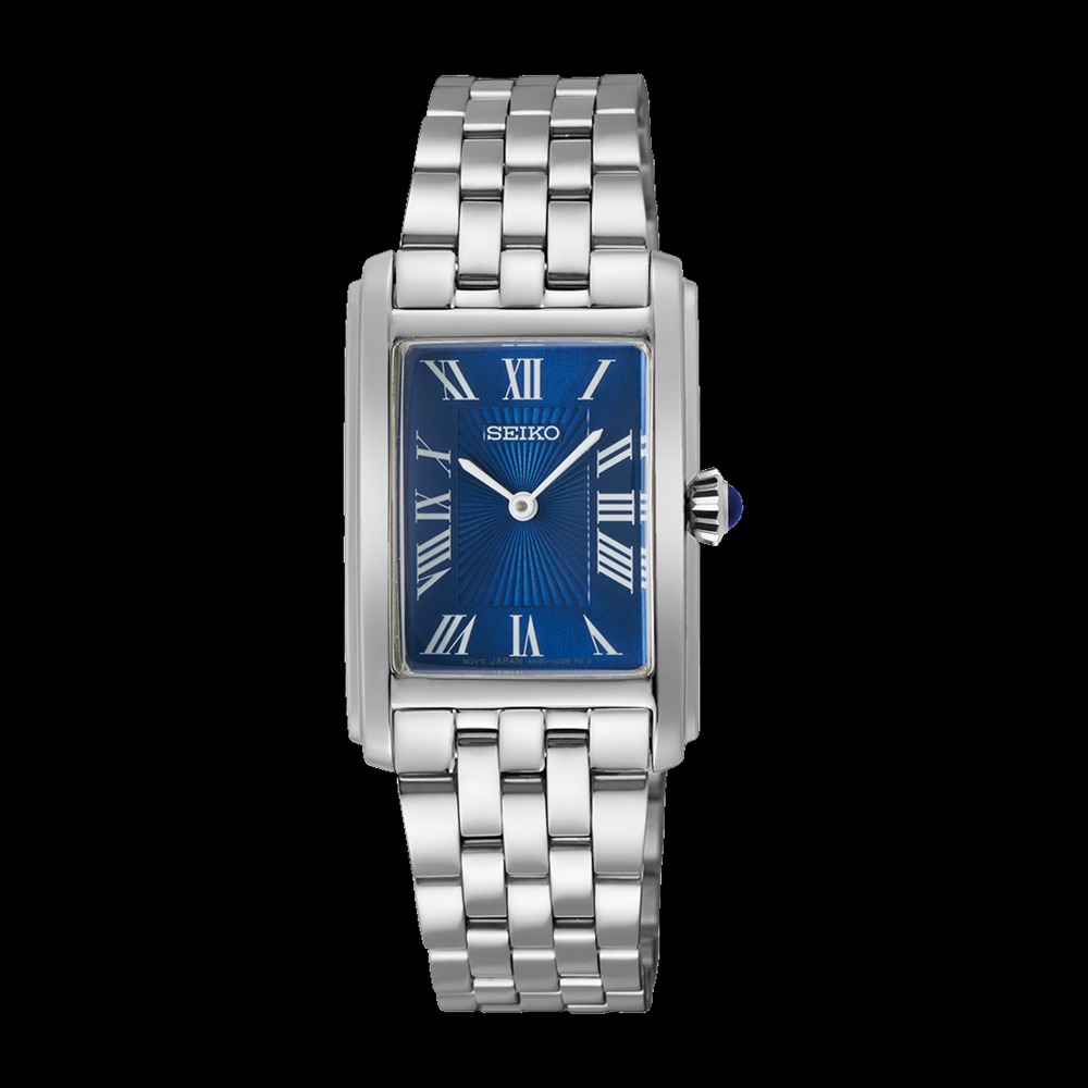 Vendu Montre Seiko Classique cadran bleu acier inoxydable est composée de chiffres romain et d'un joli cabochon bleu  22,20 x 33 mm,