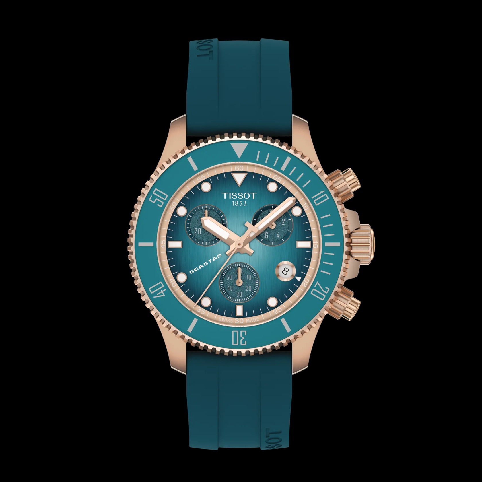 Montre Tissot Seastar 1000 chronographe, vert turquoise profond, quartz, boîtier en acier inoxydable de 38 mm