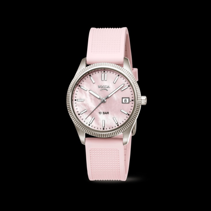 Montre Boccia boîtier 35mm en titane, cadran nacre rose et bracelet caoutchouc