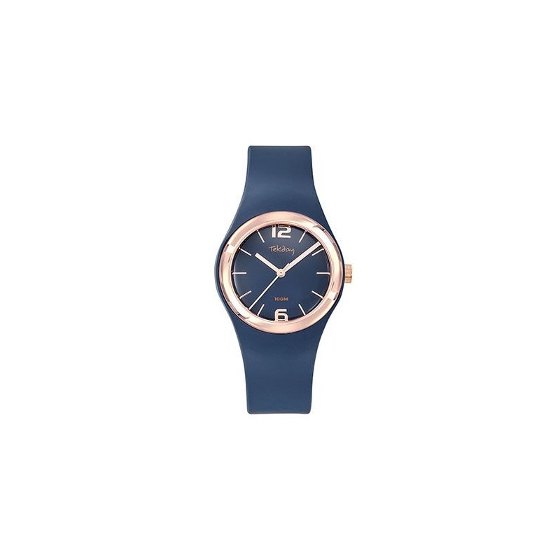 Montre Tekday, quartz, boîtier rond silicone de 34mm avec lunette résine dorée rose, cadran bleu, bracelet silicone bleu. Etanche 100M.