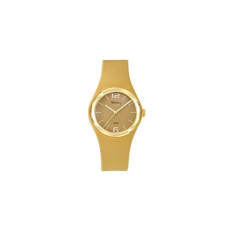 Montre Tekday, quartz, boîtier rond silicone de 34mm avec lunette résine dorée, cadran gold, bracelet silicone gold. Etanche 100M.