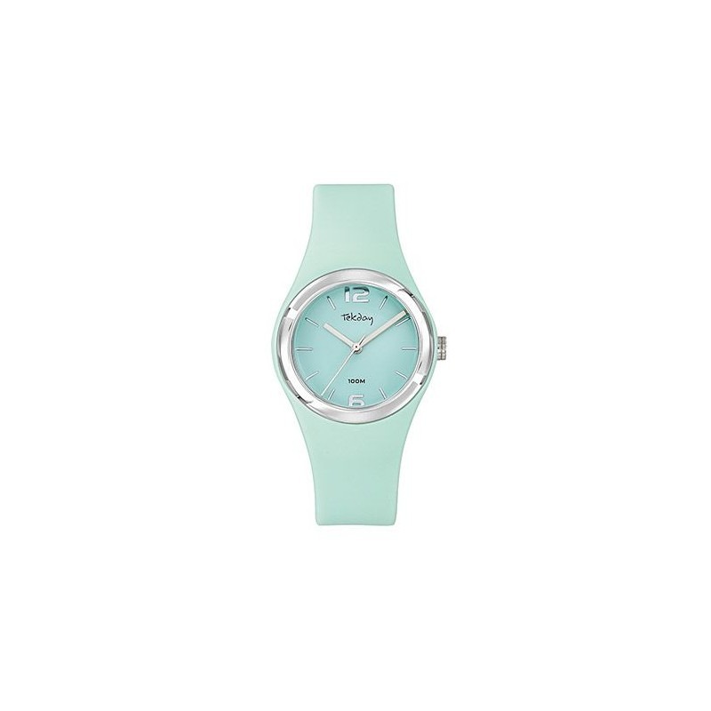 Montre Tekday, quartz, boîtier rond silicone noir de 34mm avec boîtier rond silicone vert clair de 34mm avec lunette résine argentée, cadran vert clair, bracelet silicone vert clair. Etanche 100M.