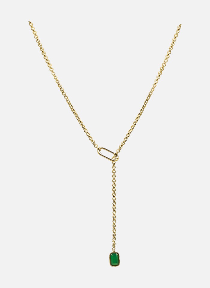 Collier chaîne Alexandra 30+5cm acier plaque or avec Onyx vert et zircon