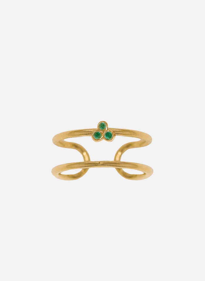Bague large Erebe acier plaqué or avec zircon vert