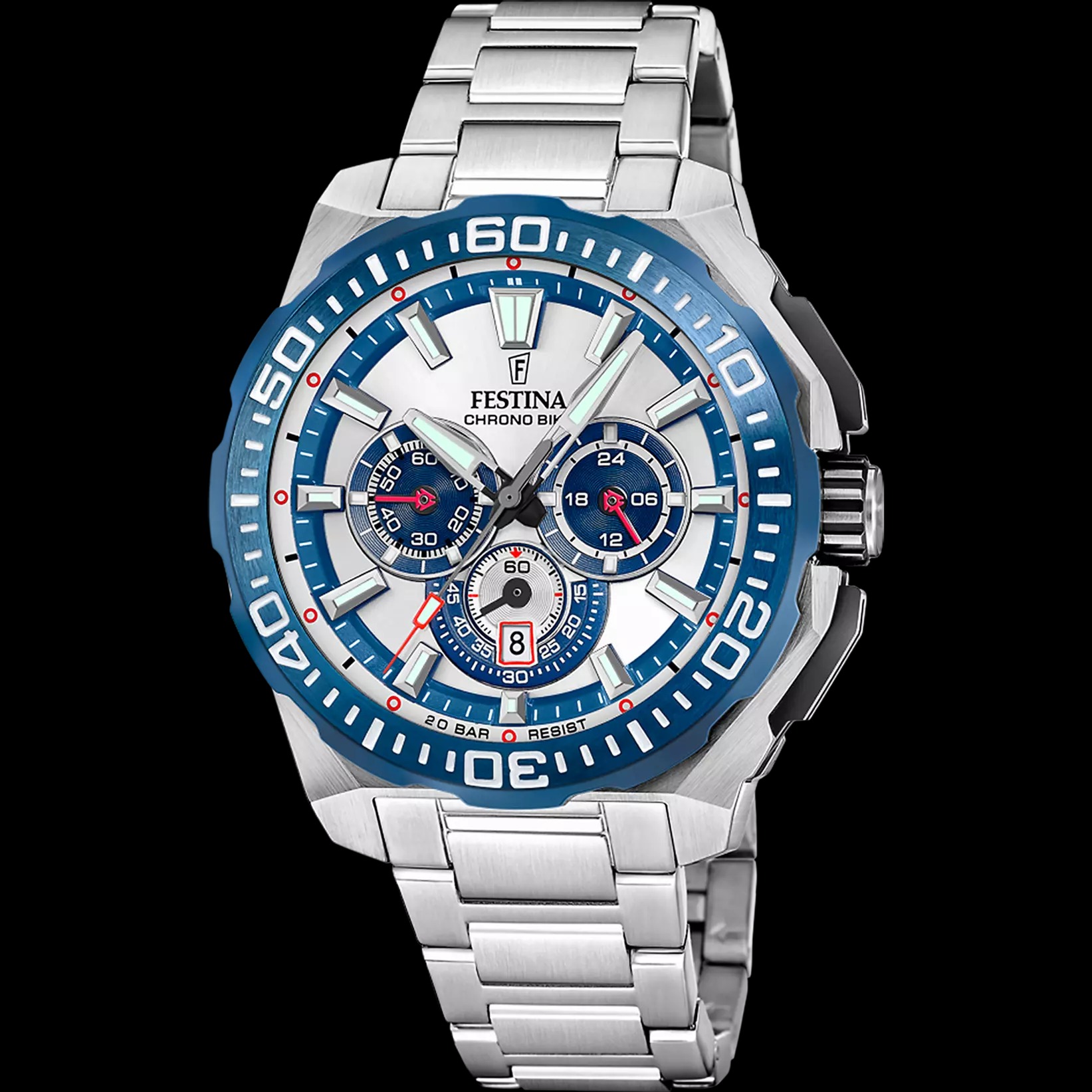 MONTRE HOMME FESTINA CHRONO BIKE, cadran argente 45.5mm, bracelet acier.