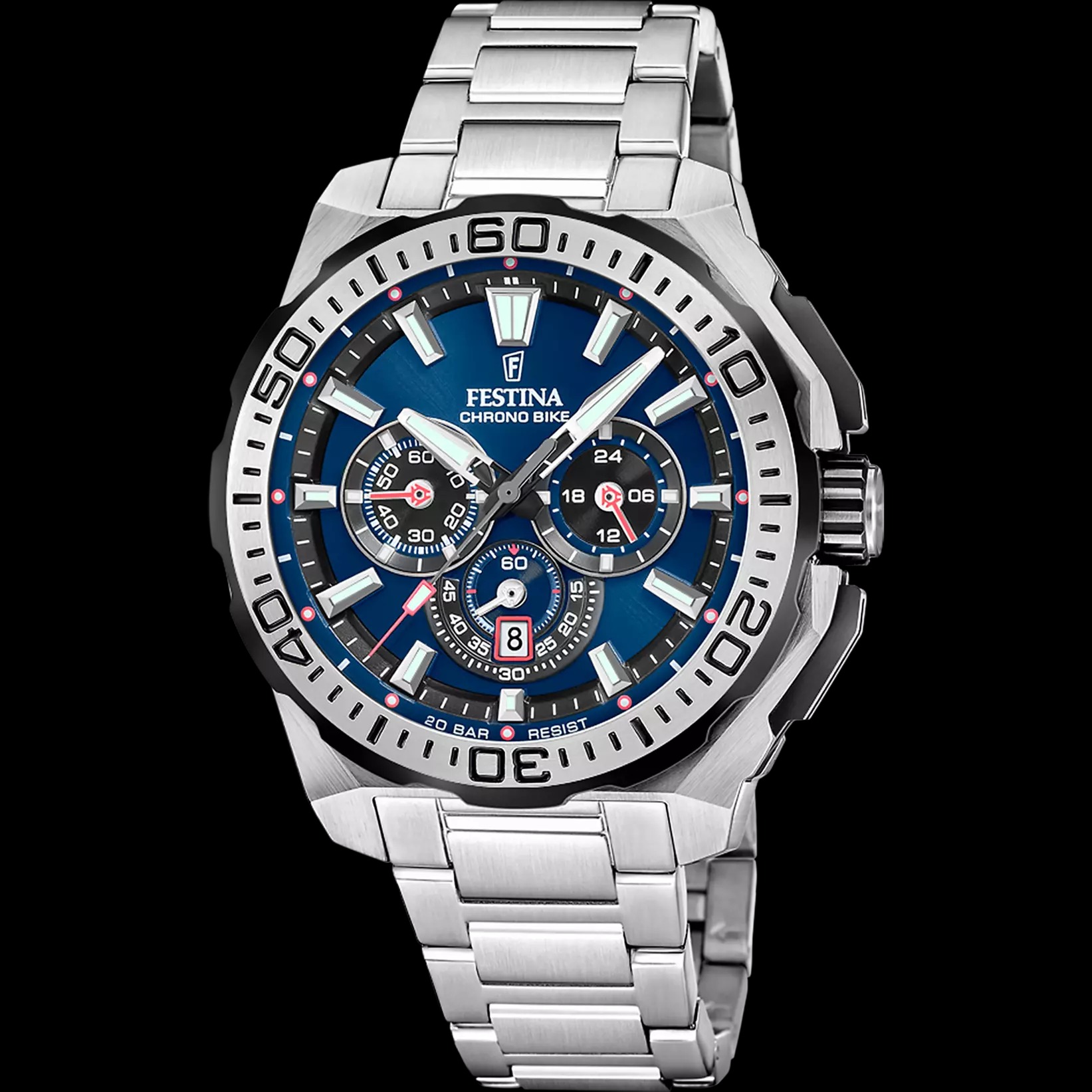 MONTRE HOMME FESTINA CHRONO BIKE, cadran bleu 45.5mm, bracelet acier.