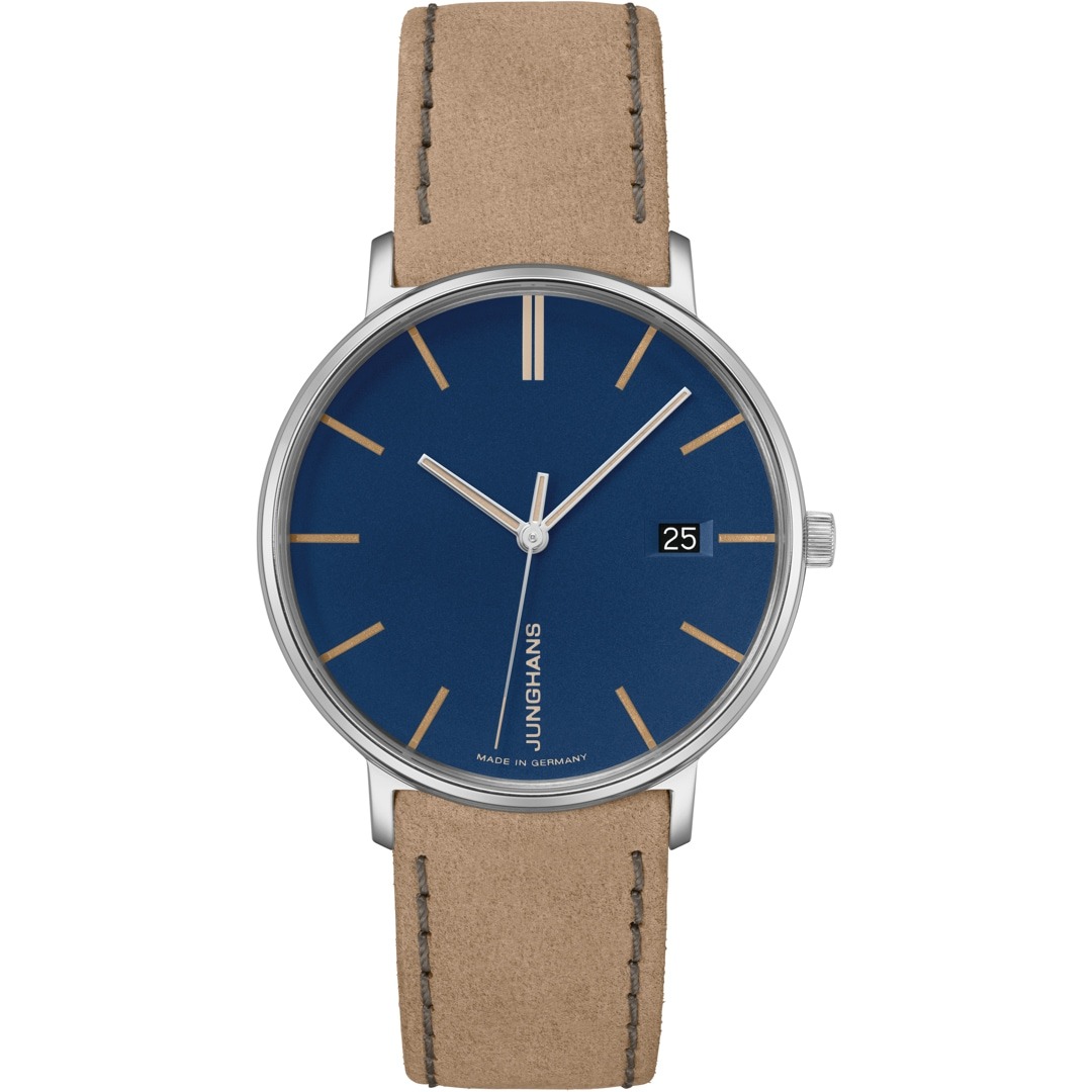 Montre Junghans FORM Damen quartz, cadran bleu mat 34.1mm, bracelet cuir brun